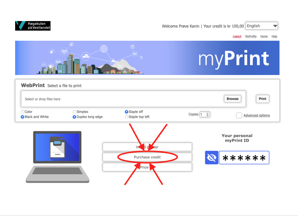 Skjermbilde av myPrint.hvl.no og markering av knappen «Purchase credit».