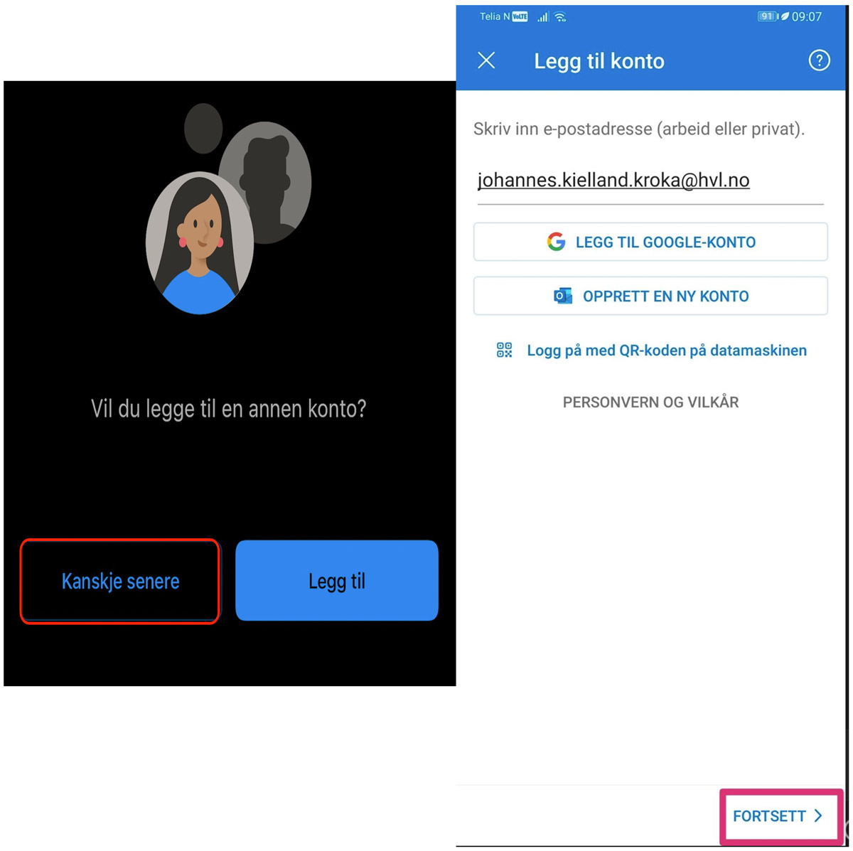 Biletet viser påloggingsvinduet til Outlook for Android.