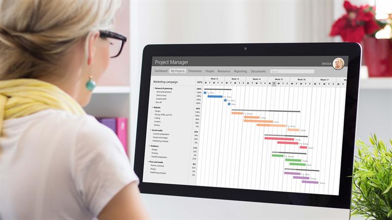 Kvinne sitter foran pc-skjerm. På pc-skjerm er det et Gantt-diagram.