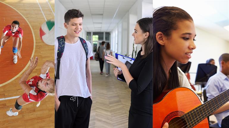 bildecollage av et basketballag, noen som snakker på skolen og ei jente som spiller gitar